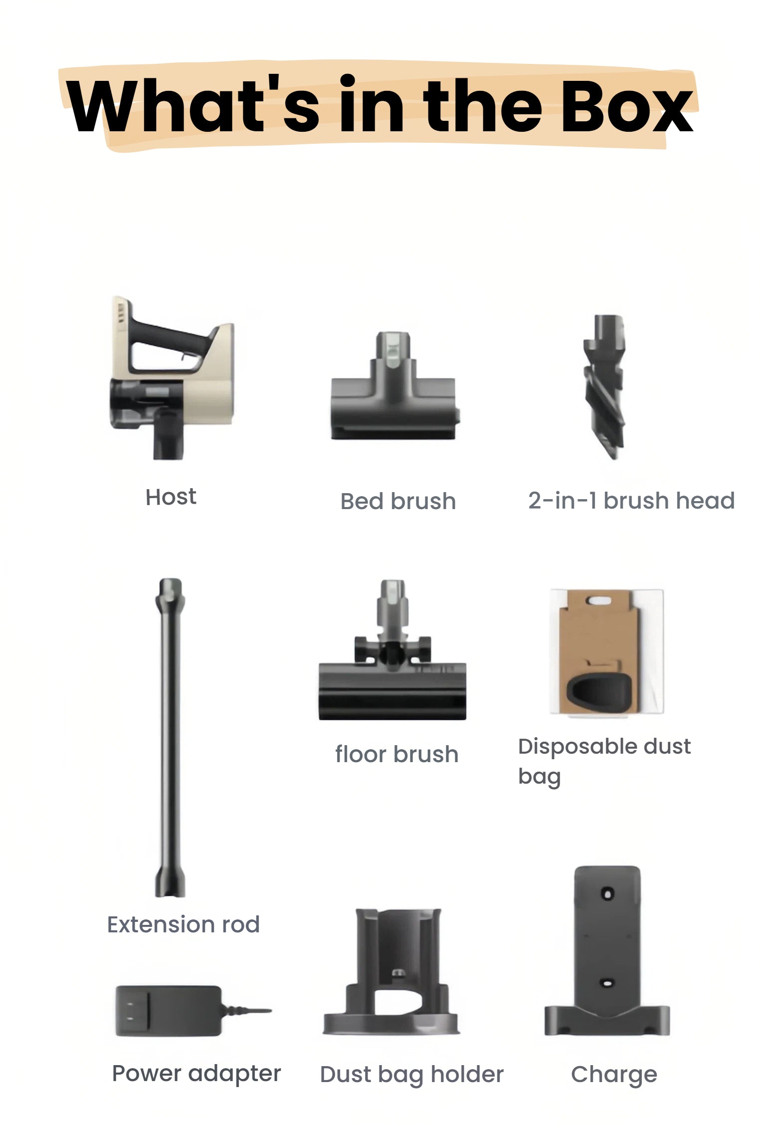 A clear 'What's in the Box' graphic for the Roborock H5, displaying all included parts: the main host, bed brush, 2-in-1 brush head, extension rod, floor brush, disposable dust bag, power adapter, dust bag holder, and charging dock.