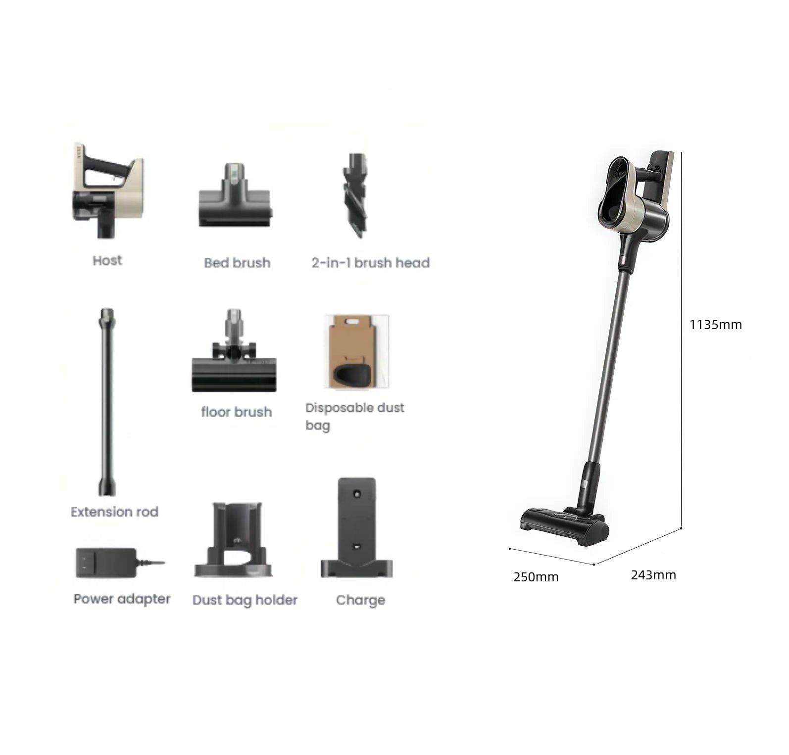 A diagram showing the dimensions of the Roborock H5 cordless vacuum (1135mm tall) and a complete overview of all included accessories in the box, from the host to the charging mount.
