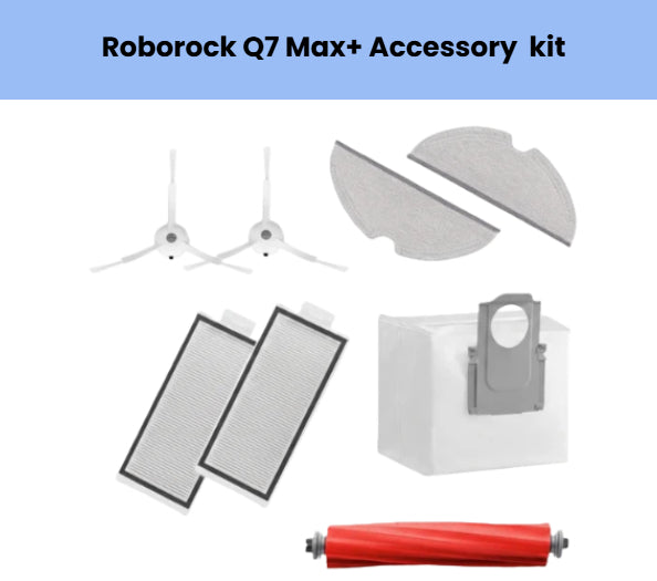 Roborock Q7 Max+ accessory kit including 2 white side brushes, 2 HEPA filters, 2 grey mopping cloths, 1 red anti-tangle main brush, and 1 dust bin filter for optimal cleaning performance and maintenance