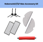 Roborock Q7 and Q7 Max accessory kit featuring 2 black side brushes, 2 HEPA filters, 2 grey mopping cloths, and 1 red anti-tangle main brush for efficient vacuuming and mopping performance.