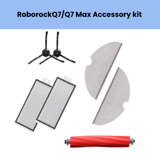 Roborock Q7 and Q7 Max accessory kit featuring 2 black side brushes, 2 HEPA filters, 2 grey mopping cloths, and 1 red anti-tangle main brush for efficient vacuuming and mopping performance.