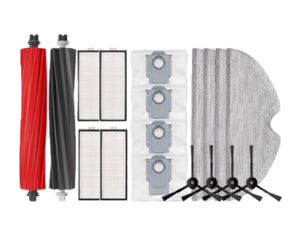 Complete Roborock Q8 Max+ accessory kit including main roller brushes, side brushes, HEPA filters, washable mop pads, and cleaning solution bottles – compatible replacement parts for Roborock Q8 Max+ robot vacuum