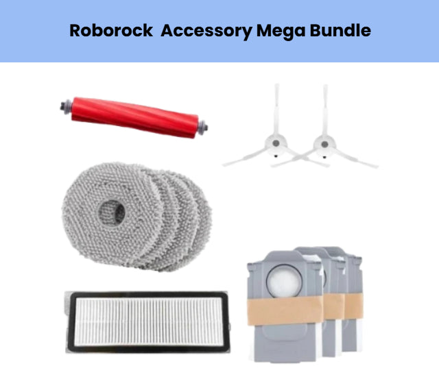 Roborock Q Revo MaxV and Q Revo S accessory mega bundle featuring 1 red anti-tangle main brush, 2 white side brushes, 4 grey microfiber mopping cloths, 1 HEPA filter, and 3 dust bin filters for optimal cleaning performance and maintenance.