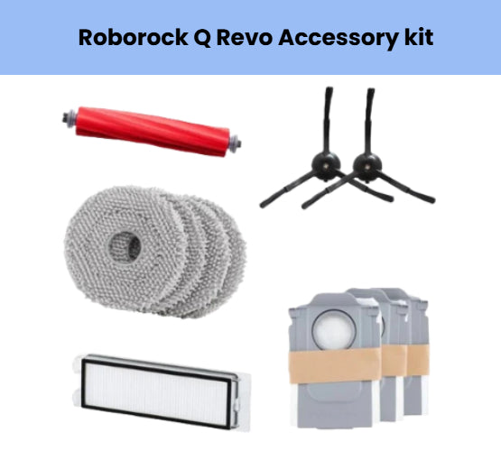 Roborock Q Revo accessory mega bundle including 1 red anti-tangle main brush, 2 black side brushes, 4 grey microfiber mopping cloths, 1 HEPA filter, and 3 dust bin filters for optimal cleaning performance and maintenance.