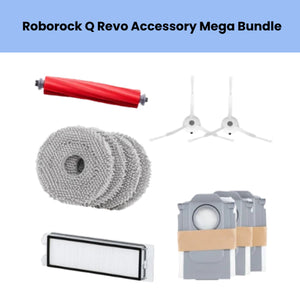 Roborock Q Revo accessory mega bundle including 1 red anti-tangle main brush, 2 white side brushes, 4 grey microfiber mopping cloths, 1 HEPA filter, and 3 dust bin filters for optimal cleaning performance and maintenance.