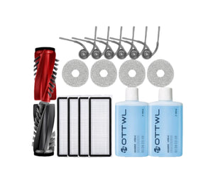 Complete Roborock Qrevo Curv accessory kit including main roller brushes, side brushes, HEPA filters, washable mop pads, and cleaning solution bottles – compatible replacement parts for Roborock Qrevo Curv robot vacuum