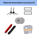Roborock Qrevo Master accessory mega bundle including 2 main brushes (1 red, 1 black), 2 black side brushes, 4 grey microfiber mopping cloths, 2 HEPA filters, and 3 dust bin filters for optimal cleaning performance and maintenance.