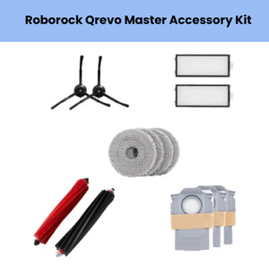 Roborock Qrevo Master accessory mega bundle including 2 main brushes (1 red, 1 black), 2 black side brushes, 4 grey microfiber mopping cloths, 2 HEPA filters, and 3 dust bin filters for optimal cleaning performance and maintenance.