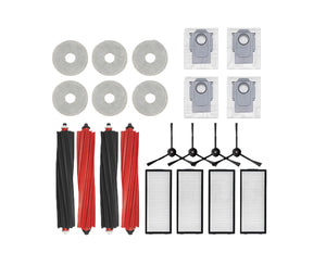 Complete Roborock Qrevo Master accessory kit including main roller brushes, side brushes, HEPA filters, washable mop pads, and cleaning solution bottles – compatible replacement parts for Roborock Qrevo Master robot vacuum