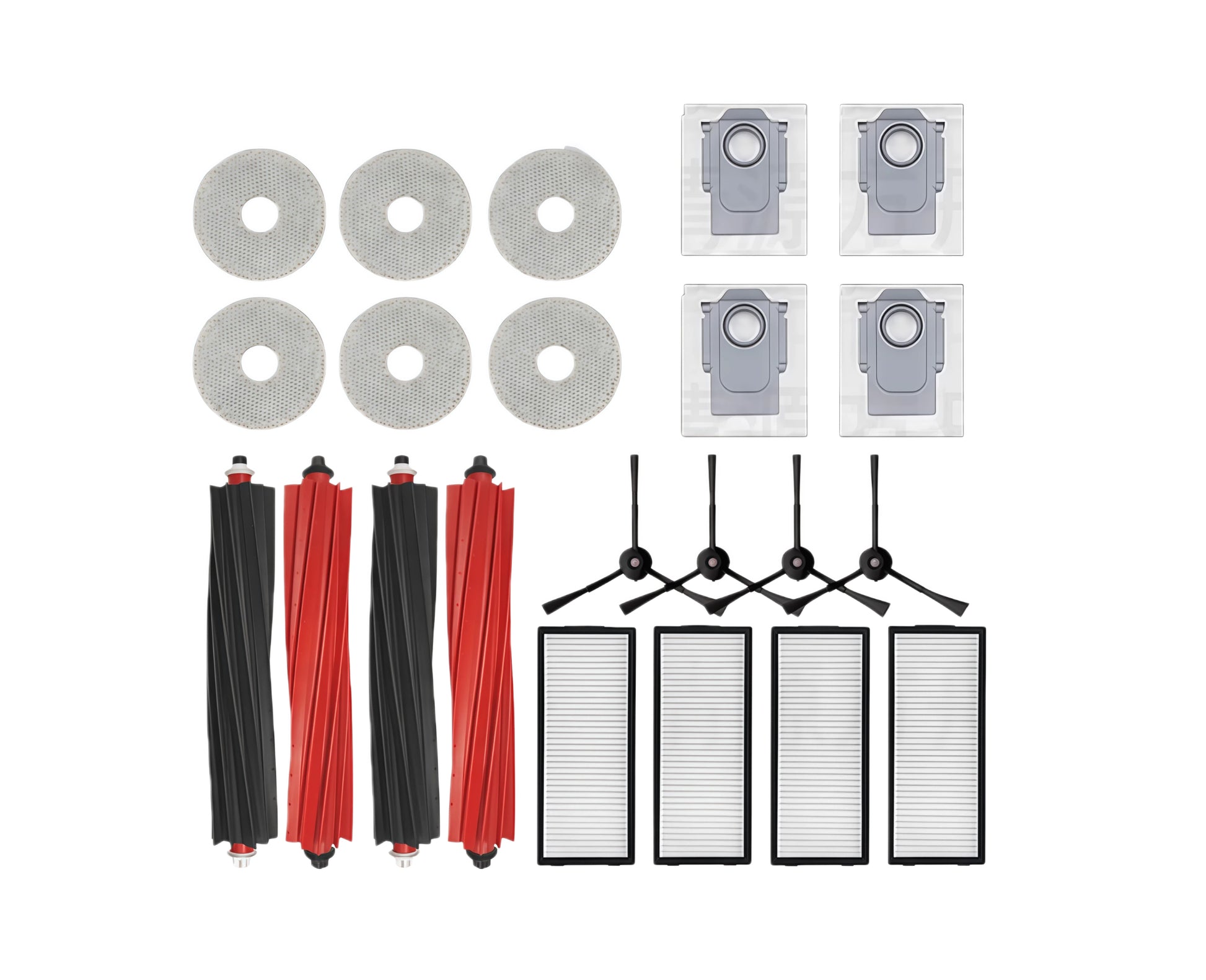 Complete Roborock Qrevo Master accessory kit including main roller brushes, side brushes, HEPA filters, washable mop pads, and cleaning solution bottles – compatible replacement parts for Roborock Qrevo Master robot vacuum