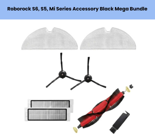 Roborock S6 S5 and Xiaomi Mi Robot Vacuum black mega accessory pack includes 2 mopping cloths, 2 black side brushes, 2 HEPA filters, red-black main brush, and hair comb for superior pet hair and debris removal.