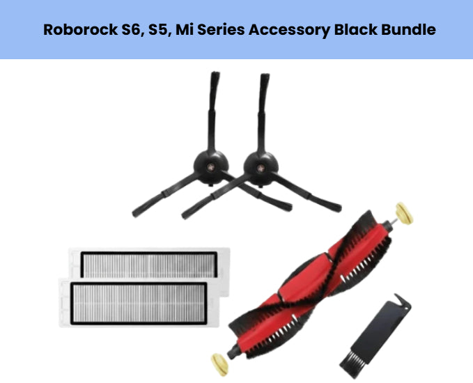 Roborock S6 S5 and Xiaomi Mi Robot Vacuum accessory black bundle featuring 2 black side brushes, 2 HEPA filters, red-black anti-tangle main brush, and hair removal tool for pet hair cleanup.