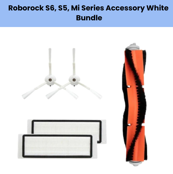 Roborock S6 S5 and Xiaomi Mi Robot Vacuum accessories white bundle including 2 white side brushes, 2 HEPA filters, and 1 orange black main brush for efficient cleaning and maintenance.