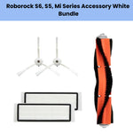 Roborock S6 S5 and Xiaomi Mi Robot Vacuum accessories white bundle including 2 white side brushes, 2 HEPA filters, and 1 orange black main brush for efficient cleaning and maintenance.