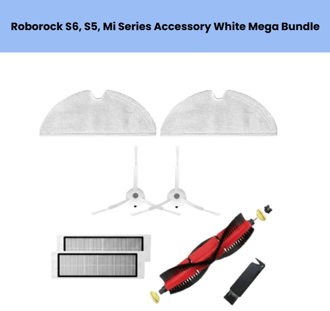 Complete Roborock S6 S5 and Xiaomi Mi Robot Vacuum white mega accessory bundle with 2 mopping cloths, 2 white side brushes, 2 HEPA filters, red-black main brush, and hair removal tool for deep cleaning.