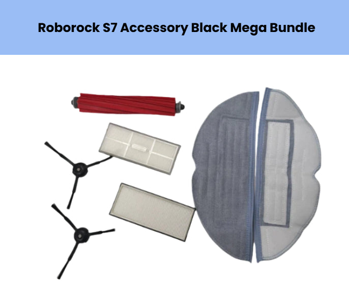 All-in-one replacement set for Roborock S7 (black trim): includes 2 washable microfiber mop pads, 2 high-efficiency HEPA filters, 2 black side brushes, and 1 red main roller brush to restore peak vacuum-and-mop performance.