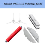 Comprehensive white-trim accessory bundle for Roborock S7 robot vacuum, featuring 2 washable mop pads, 2 HEPA filters, 2 white side brushes, and 1 red main roller brush for extended cleaning efficiency.