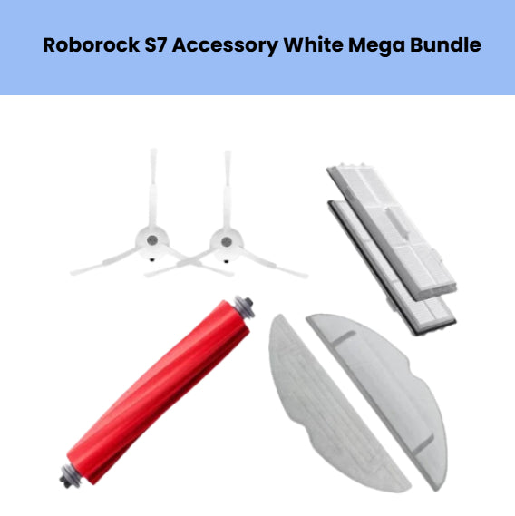 Comprehensive white-trim accessory bundle for Roborock S7 robot vacuum, featuring 2 washable mop pads, 2 HEPA filters, 2 white side brushes, and 1 red main roller brush for extended cleaning efficiency.