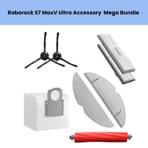 All-in-one replacement set for Roborock S7 MaxV Ultra: includes 2 disposable dust bags, 2 washable microfiber mop pads, 2 high-efficiency HEPA filters, 2 black side brushes, and 1 red main roller brush to restore peak vacuum-and-mop performance.