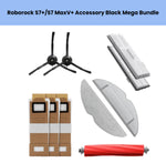 All-in-one replacement set for Roborock S7+ and S7 MaxV+ (black trim): includes 3 disposable dust bags, 2 washable mop pads, 2 HEPA filters, 2 black side brushes, and 1 red main roller brush to restore peak cleaning performance.