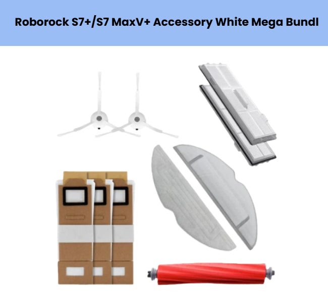 Comprehensive white-trim accessory bundle for Roborock S7+ and S7 MaxV+, featuring 3 disposable dust bags, 2 washable mop pads, 2 HEPA filters, 2 white side brushes, and 1 red main roller brush for extended vacuum-and-mop efficiency.