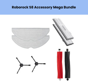 Roborock S8 maintenance bundle featuring 2 side brushes, 2 HEPA filters, 2 washable mop pads, and 2 main roller brushes (red & black) to keep your vacuum running like new.