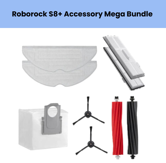 Complete Roborock S8+ replacement parts set including 2 disposable dust bags, 2 washable mop pads, 2 HEPA filters, 2 main roller brushes (red & black), and 2 side brushes for extended cleaning performance.