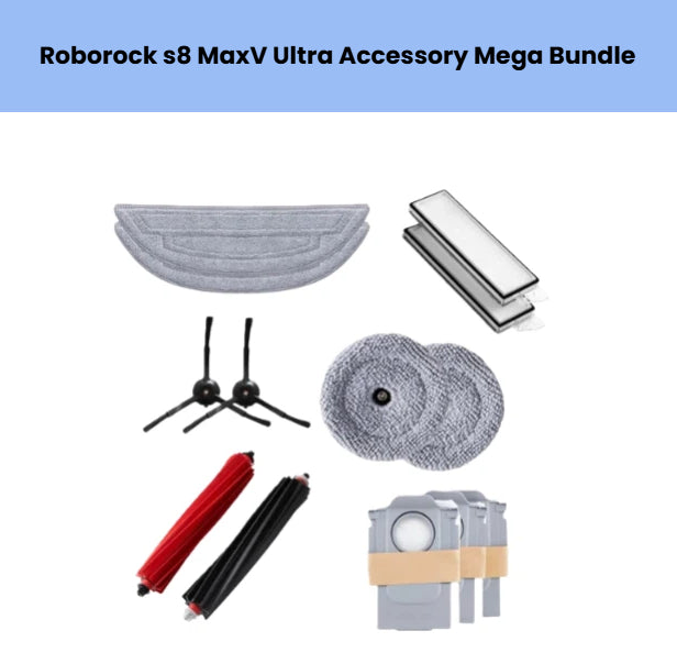 Comprehensive replacement set for Roborock S8 MaxV Ultra: includes 2 disposable dust bags, 2 washable mop pads, 2 HEPA filters, 2 main roller brushes (red & black), 2 side brushes, and 2 spin-mop pads to restore peak vacuum-and-mop performance.