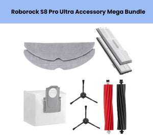 All-in-one replacement set for Roborock S8 Pro Ultra: includes 2 disposable dust bags, 2 washable mop pads, 2 HEPA filters, 2 main roller brushes (red & black), and 2 side brushes to restore peak cleaning performance.