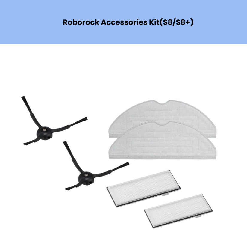Compact Roborock accessory kit compatible with both S8 and S8+ models, containing 2 side brushes, 2 microfiber mop pads, and 2 high-efficiency filters for quick and easy upkeep.