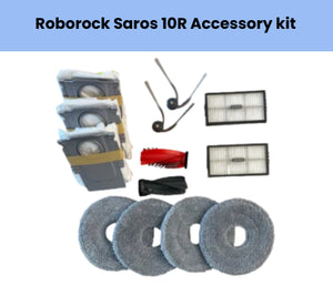Roborock Saros 10R accessory kit featuring 3 dust bin filters, 2 HEPA filters, 1 side brush, 1 red anti-tangle main brush, 1 black brush strip, and 4 round grey microfiber mopping cloths for efficient vacuuming and mopping.