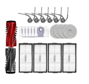 Complete Roborock S8 Pro Ultra accessory kit including main roller brushes, side brushes, HEPA filters, washable mop pads, and cleaning solution bottles – compatible replacement parts for Roborock Saros 10R robot vacuum