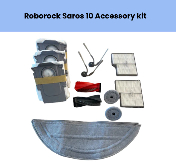 Roborock Saros 10 accessory kit including 3 dust bin filters, 2 HEPA filters, 1 side brush, 1 red anti-tangle main brush, 1 black brush strip, 2 small mopping pads, and 1 large semi-circular mopping cloth for optimal cleaning performance.