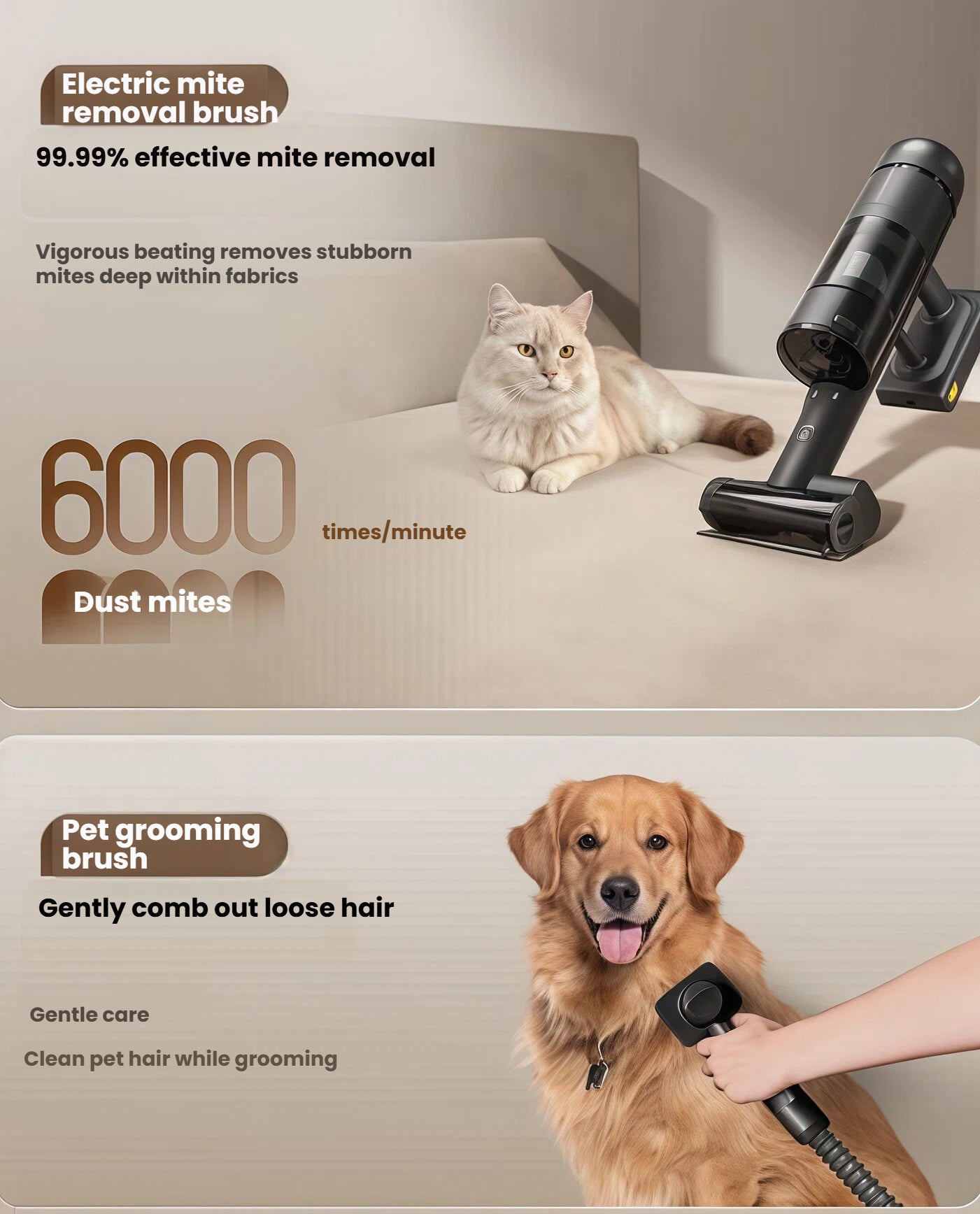 A collage highlighting the Roborock vacuum's pet-friendly attachments, including the electric mite removal brush for beds and upholstery and the gentle pet grooming brush to remove loose hair from dogs.