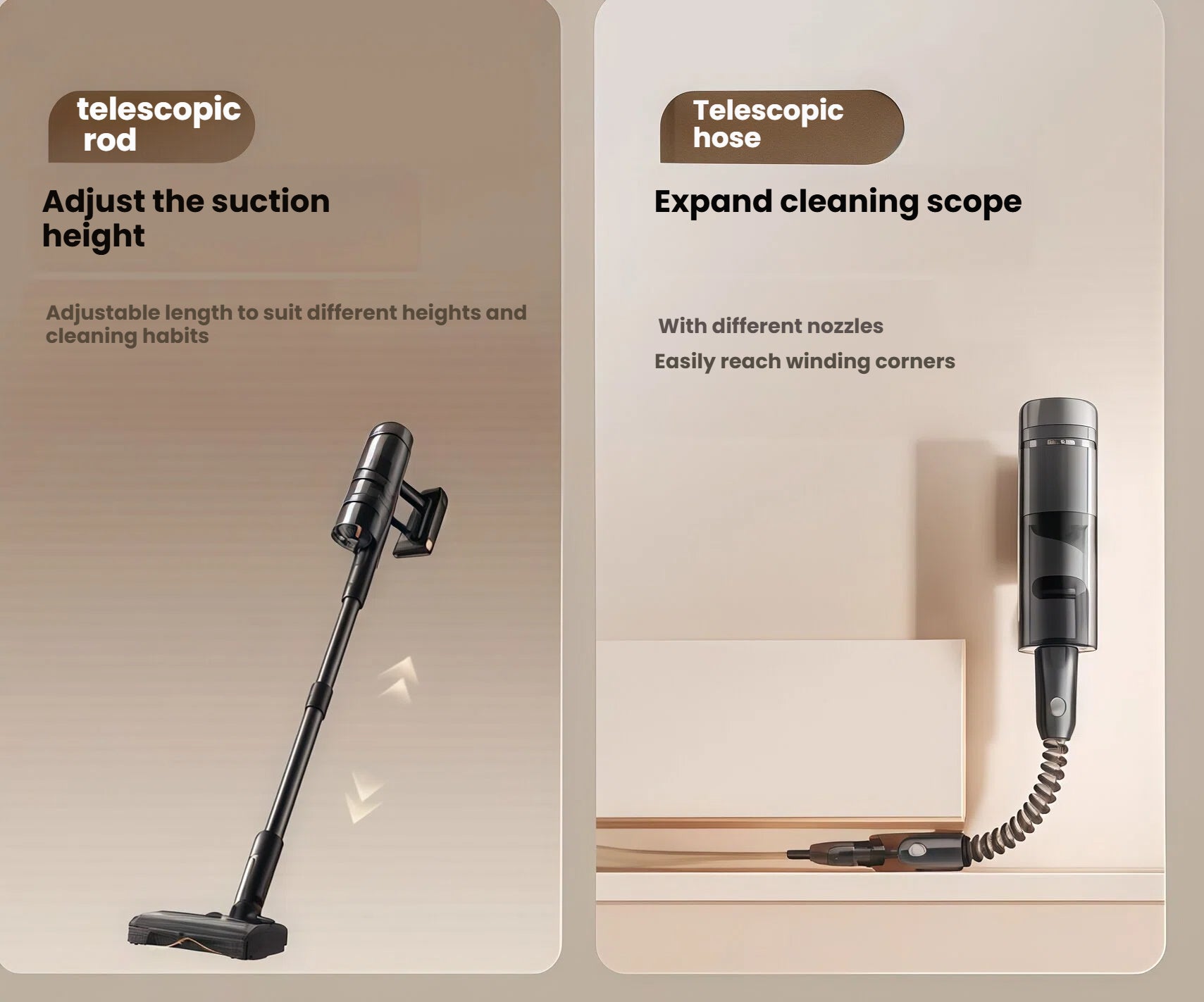 A demonstration of the Roborock stick vacuum's ergonomic features, including the adjustable telescopic rod for different user heights and the flexible telescopic hose for reaching tight spaces.