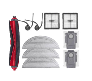 Complete Roborock Q10V+ accessory kit including main roller brushes, side brushes, HEPA filters, washable mop pads, and cleaning solution bottles – compatible replacement parts for Roborock QrevoQ10V+ robot vacuum