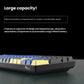 Side view of the Royal Kludge RK100 mechanical keyboard showing its ergonomic tilt design and raised battery compartment. The angled chassis provides a comfortable typing slope, while the internal 3750mAh lithium battery ensures long-lasting wireless performance for gaming and office use.
