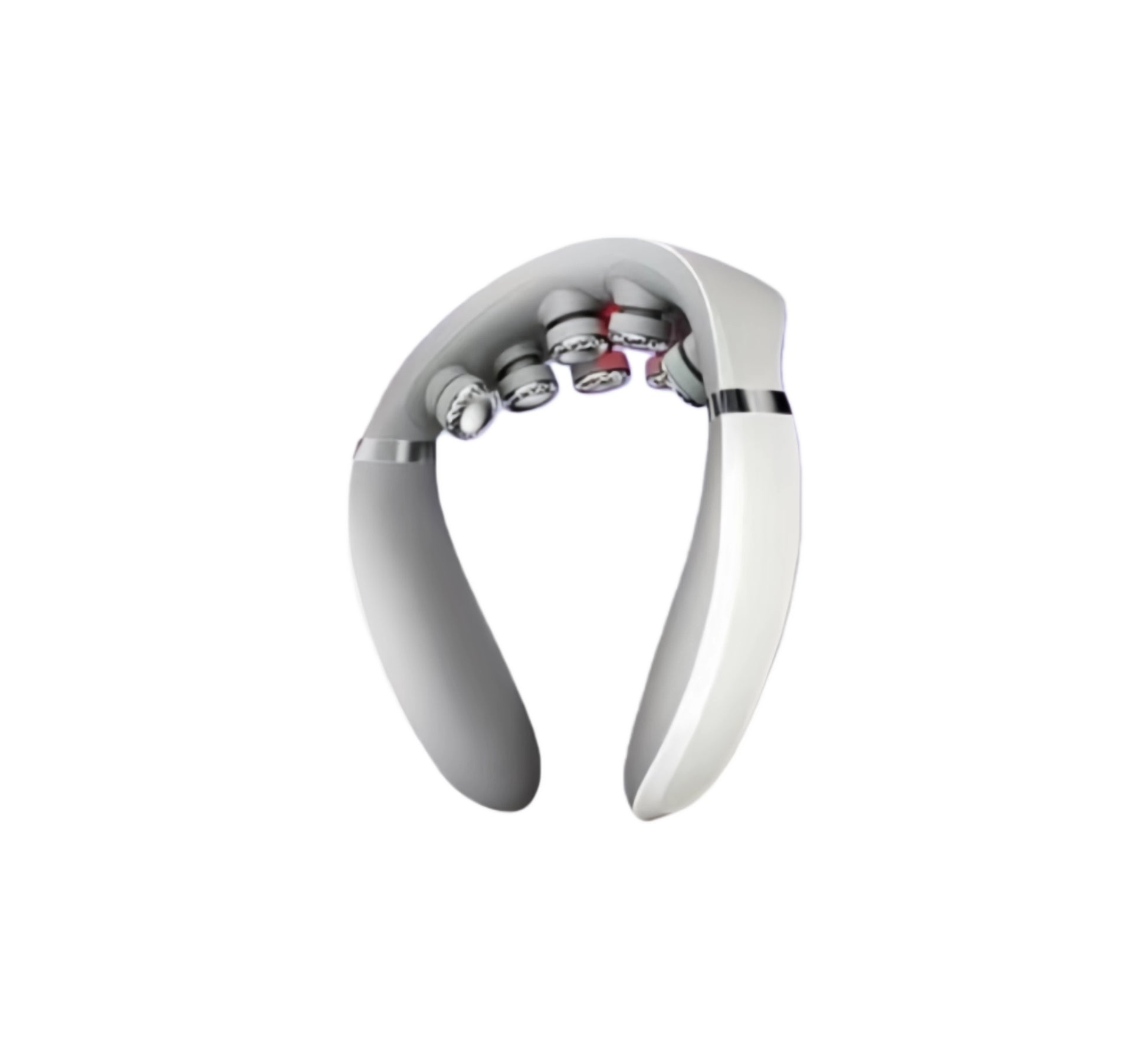 Studio shot of SKG G7 Pro neck massager in white/silver color, showcasing its ergonomic U-shape, four roller massage heads, and sleek foldable design against a clean white background