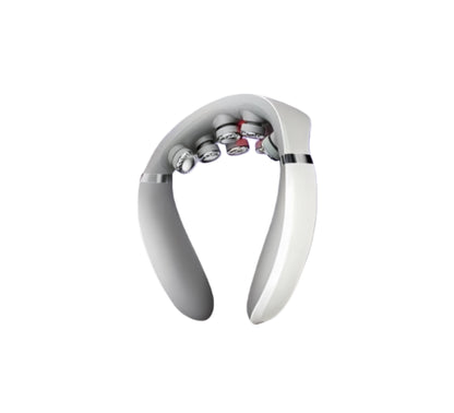 Studio shot of SKG G7 Pro neck massager in white/silver color, showcasing its ergonomic U-shape, four roller massage heads, and sleek foldable design against a clean white background