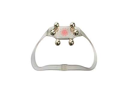 Top view of SKG H5 neck and shoulder massager 2nd generation featuring four spherical massage nodes, ergonomic U-shaped design, and glowing red LED indicator showing active heat and massage function.