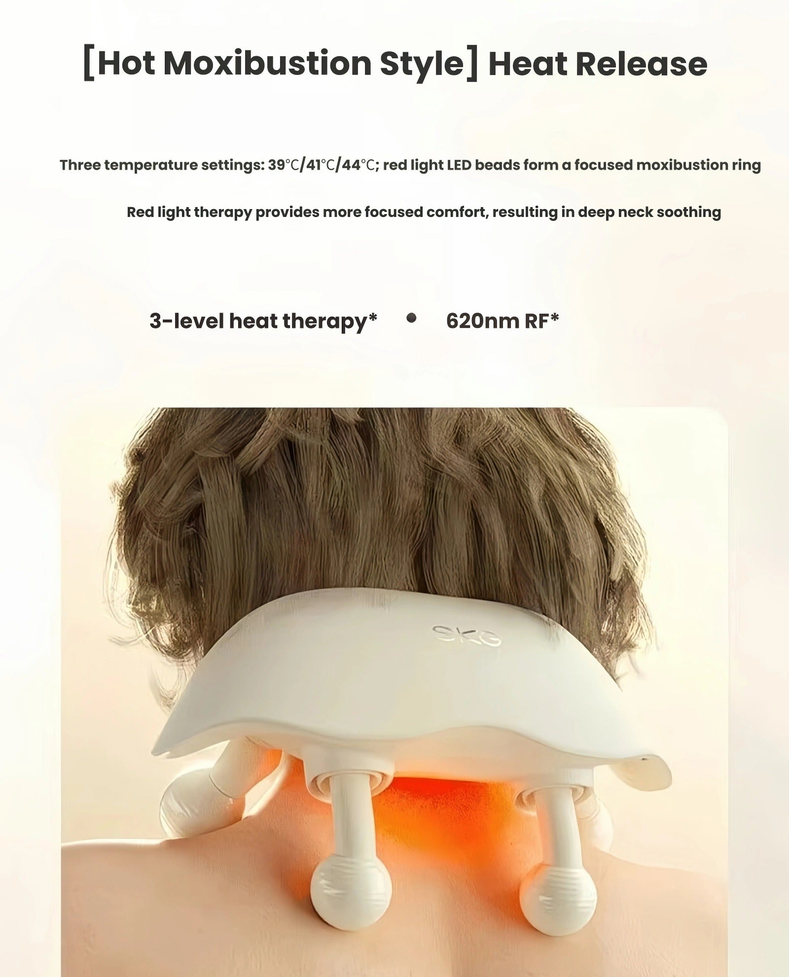 Back view of SKG H5 neck massager in use, showing 3-level heat therapy (39°C/41°C/44°C) and 620nm red light LED ring providing targeted moxibustion-style warmth for deep neck soothing.