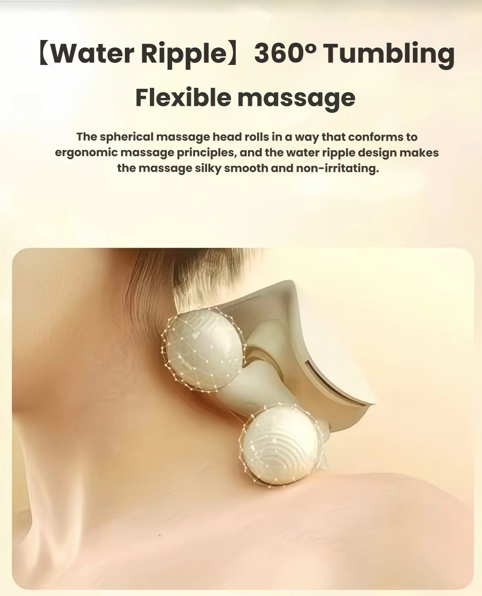 Close-up of SKG H5 neck massager’s spherical massage heads in action, demonstrating 360-degree tumbling motion that follows ergonomic principles for silky-smooth, non-irritating muscle relaxation.