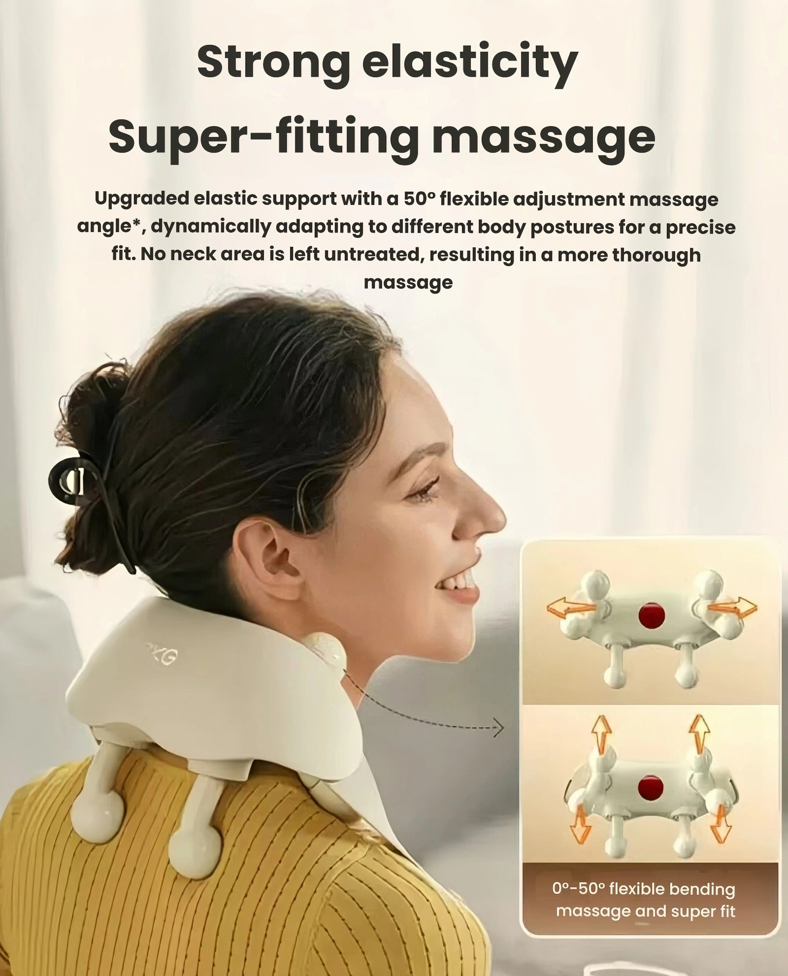 Woman wearing SKG H5 neck and shoulder massager showing 0°–50° flexible bending adjustment, allowing dynamic fit across different body postures for comprehensive neck and upper back coverage.