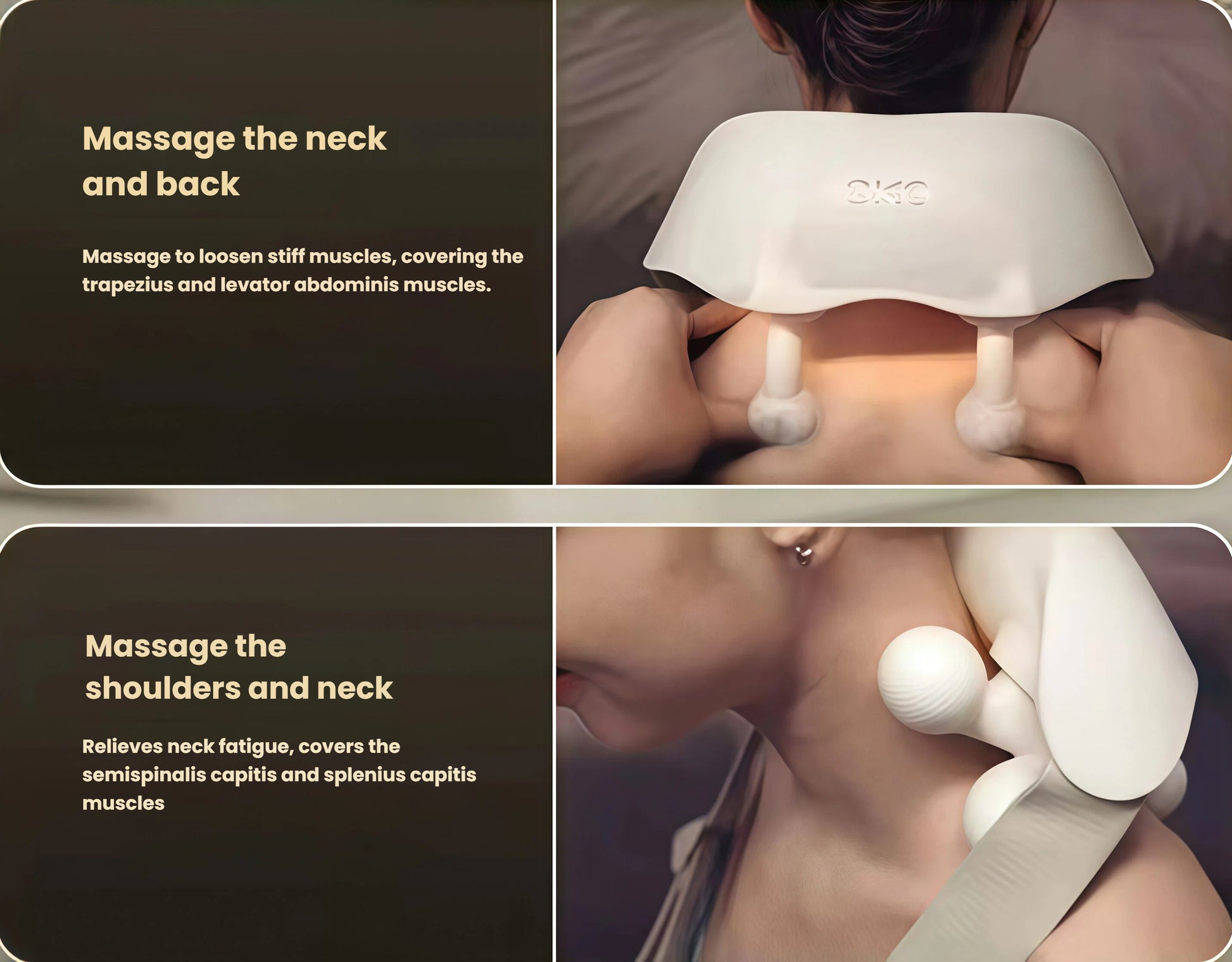 Two-panel image showing SKG H5 neck massager used on both neck and back muscles (trapezius, levator abdominis) and shoulders and neck (semispinalis capitis, splenius capitis), offering versatile relief for multiple pressure points.