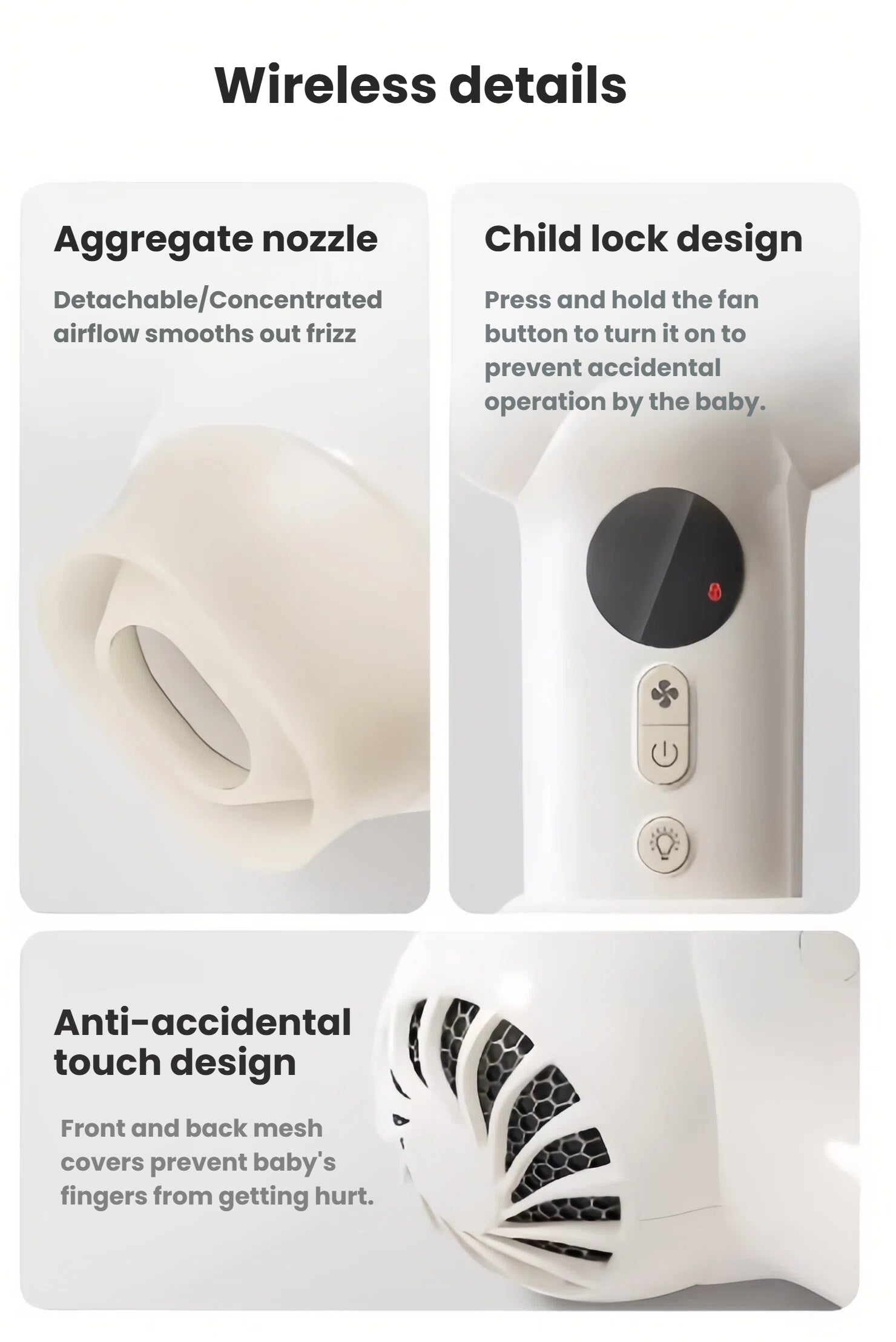 Close-up of SKULD baby hair dryer features: detachable aggregate nozzle for focused airflow, child lock button to prevent accidental operation, and front/back mesh guards to protect baby’s fingers