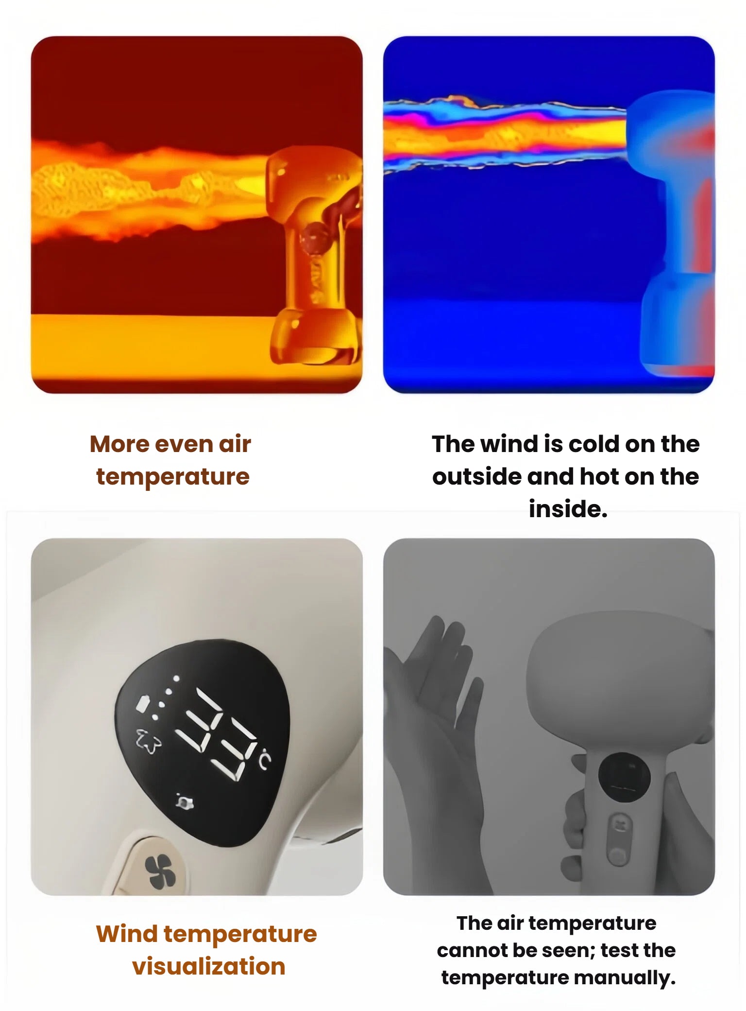 Thermal imaging comparison: SKULD baby hair dryer delivers even air temperature (37°C), unlike standard models with cold outside and hot inside airflow