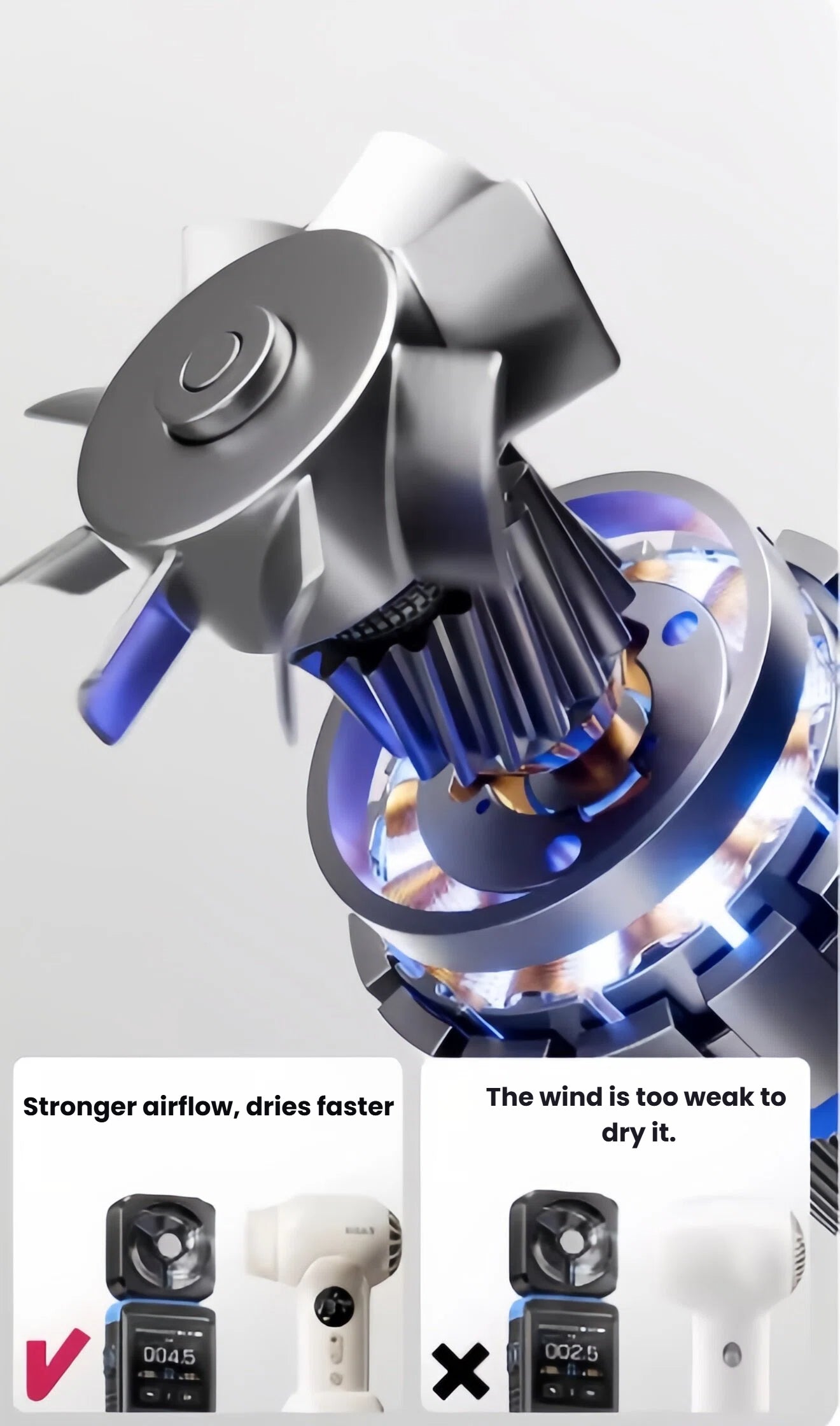 Comparison of SKULD baby hair dryer motor vs standard model: stronger airflow (004.5 m/s) dries faster, while weak wind (002.5 m/s) fails to dry effectively