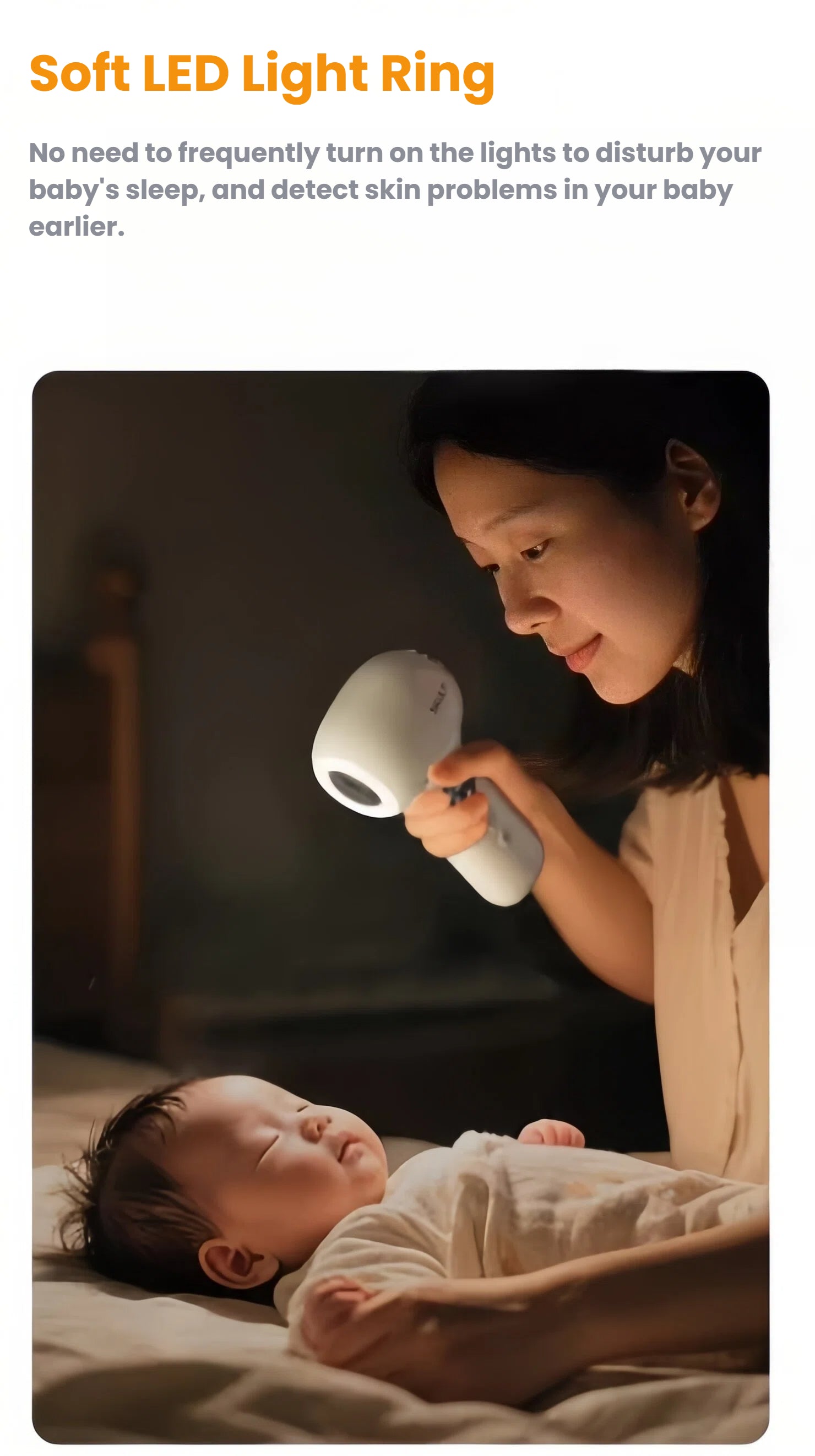 Mother gently drying her sleeping baby’s hair with SKULD baby hair dryer; soft LED light ring illuminates face without disturbing sleep or causing eye strain