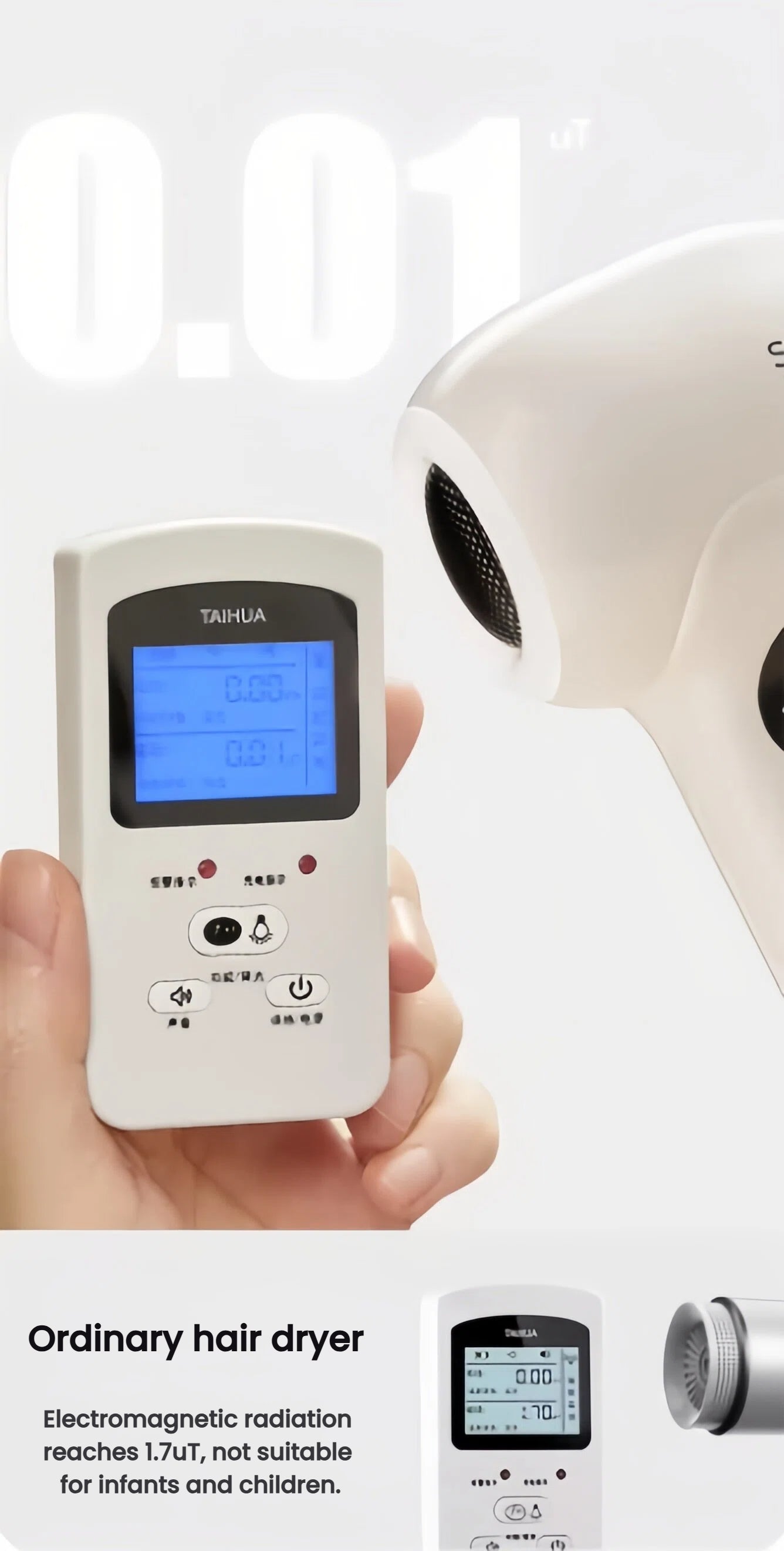 EMF radiation test showing SKULD baby hair dryer emits only 0.01μT, compared to ordinary hair dryers at 1.7μT—proven safe for newborns and sensitive children