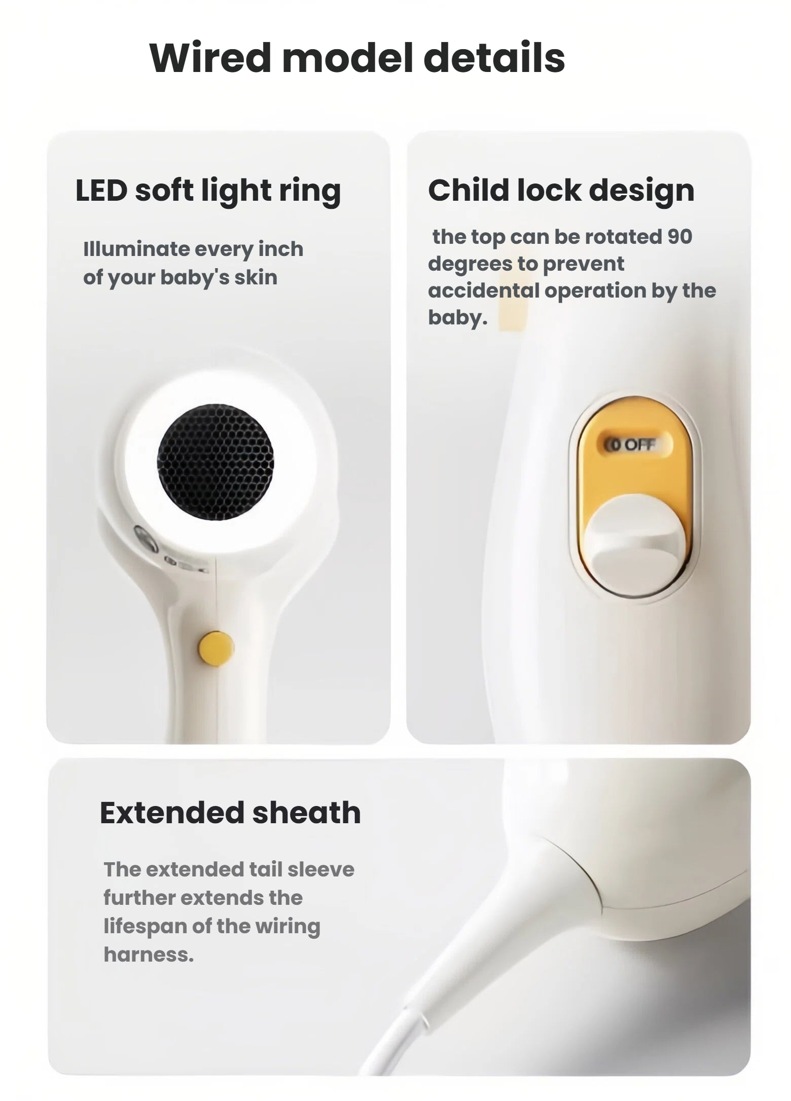 Detail view of SKULD wired baby hair dryer: built-in LED soft light ring, rotatable 90-degree child lock switch, and extended tail sheath that protects wiring harness from damage